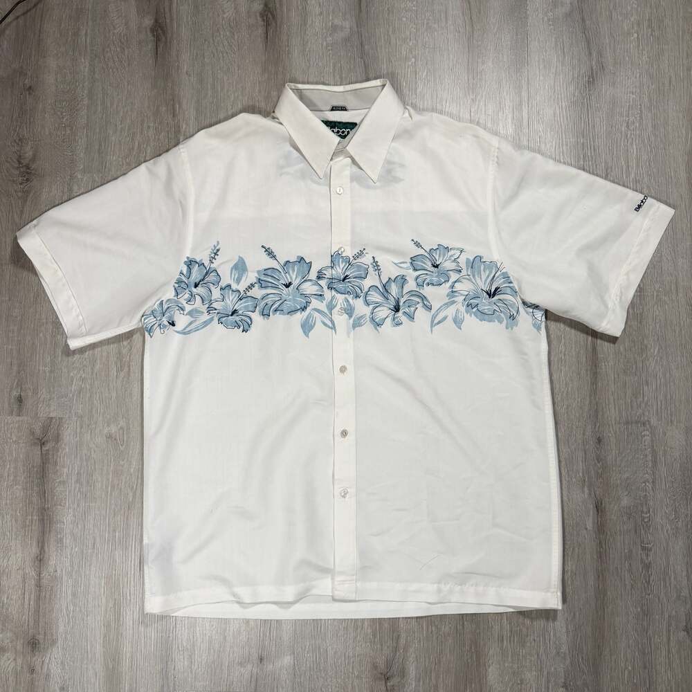 Billabong Aloha Fit White Short Sleeve Button Up Shirt with Blue Hibiscus Floral